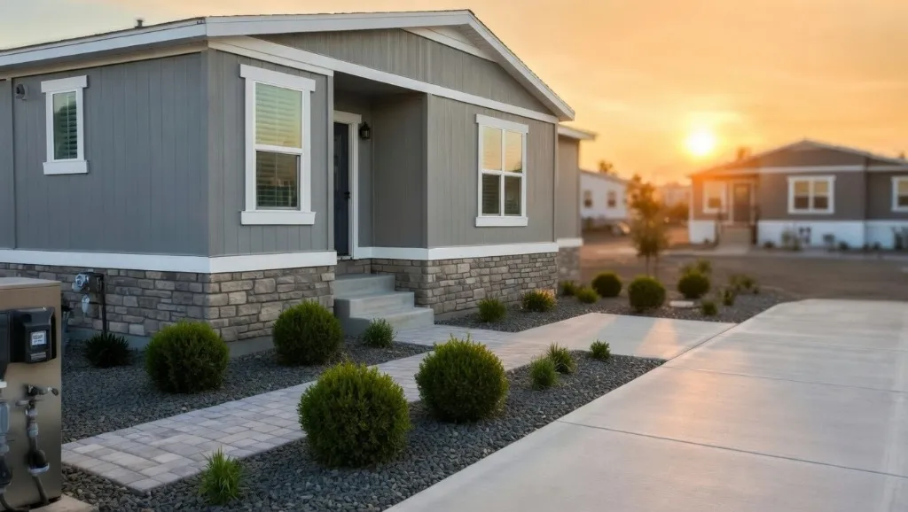 Detail of a modern manufactured home lot with pristine concrete work and institutional utility pedestals.