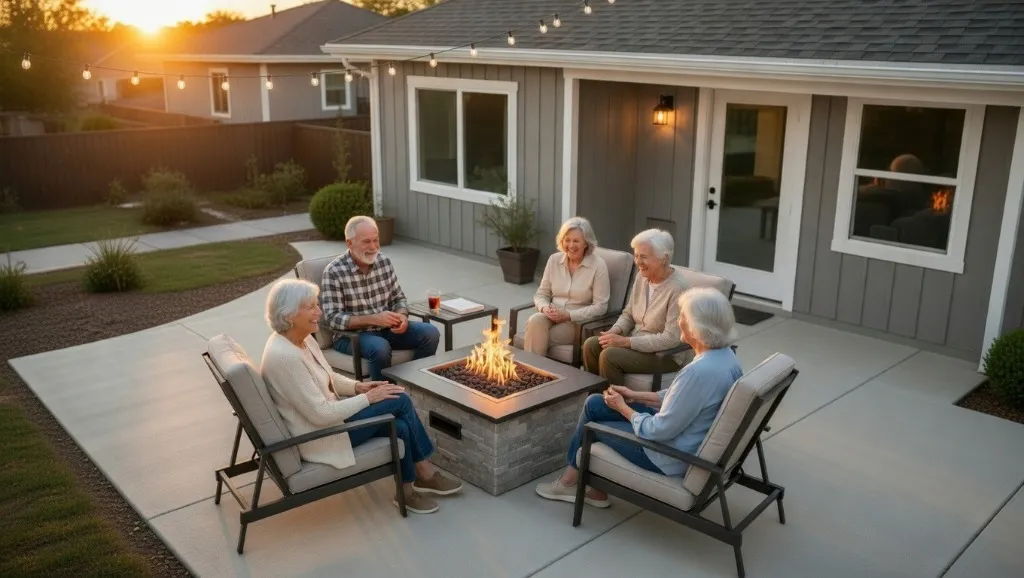 Retired residents enjoying a luxury clubhouse patio with a gas fire pit at sunset.